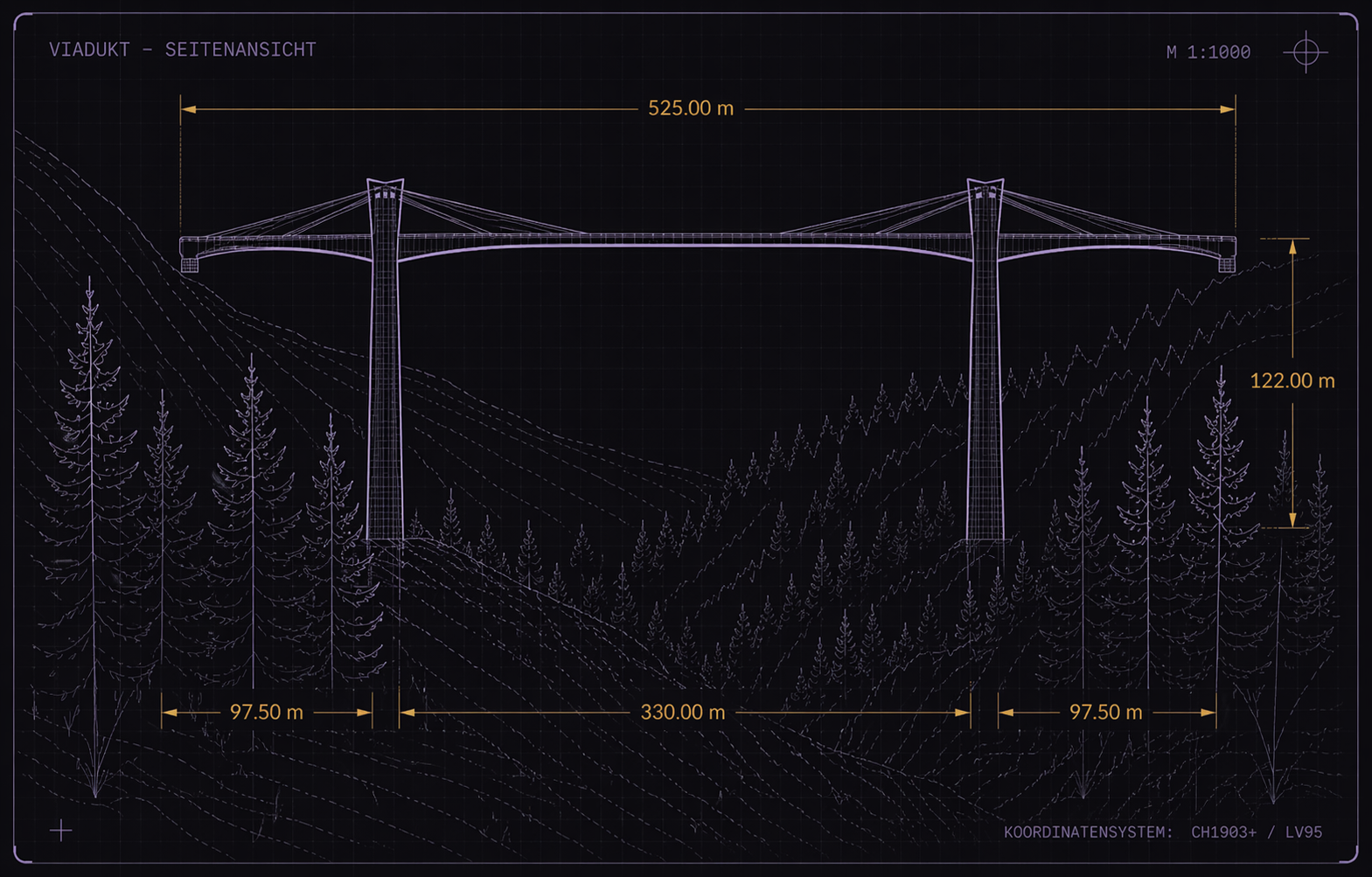 Technische Zeichnung eines Viadukts — Seitenansicht