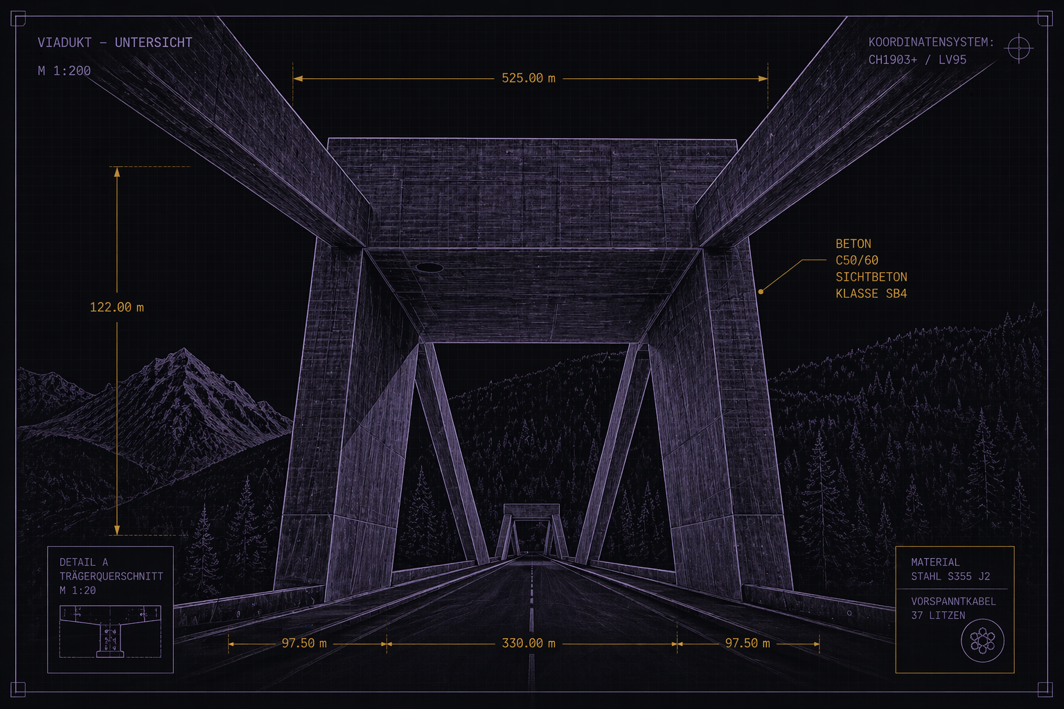 Technische Zeichnung eines Viadukts — Untersicht Tragwerk
